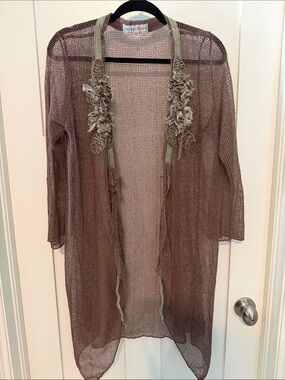 Scrap Work Linen and Cotton Blend Taupe Open-Knit Floral Trim Cardigan